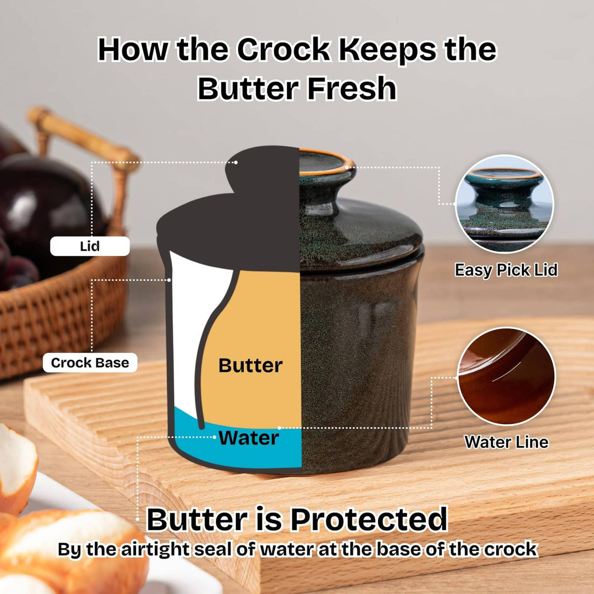 Greenish-brown butter crock with lid and water-seal shown at the base