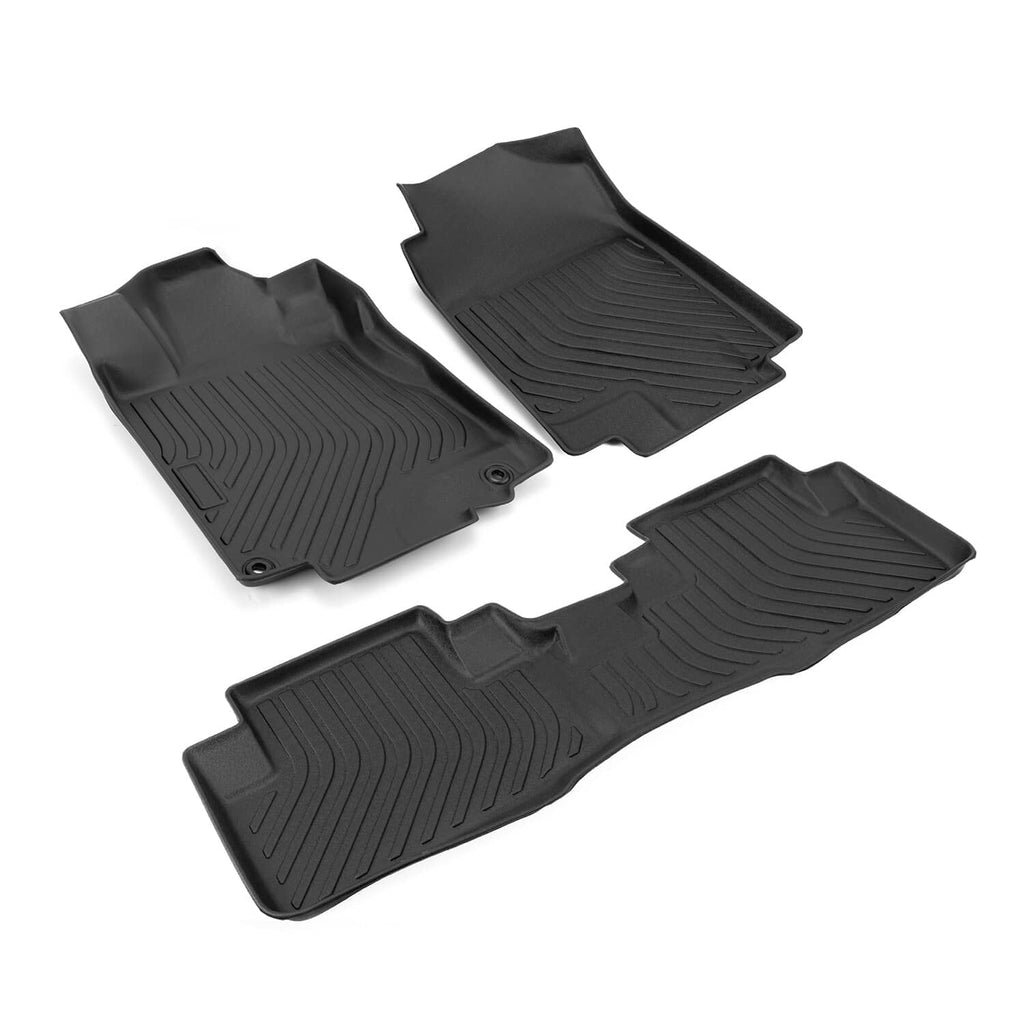 Set of black TPE car floor mats with raised ridges and heel pad, 3-piece