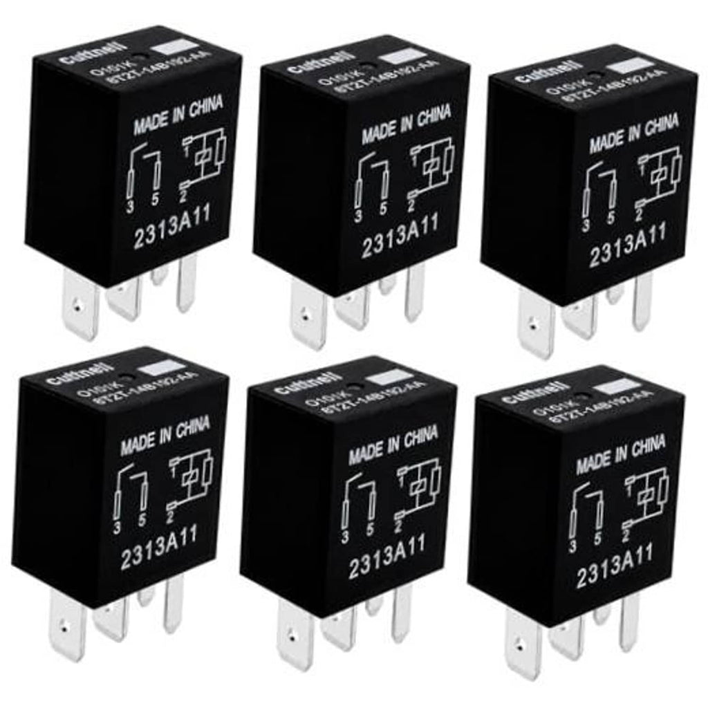 Set of six black 4-pin 12V automotive relays with prong terminals, labeled 2313A11