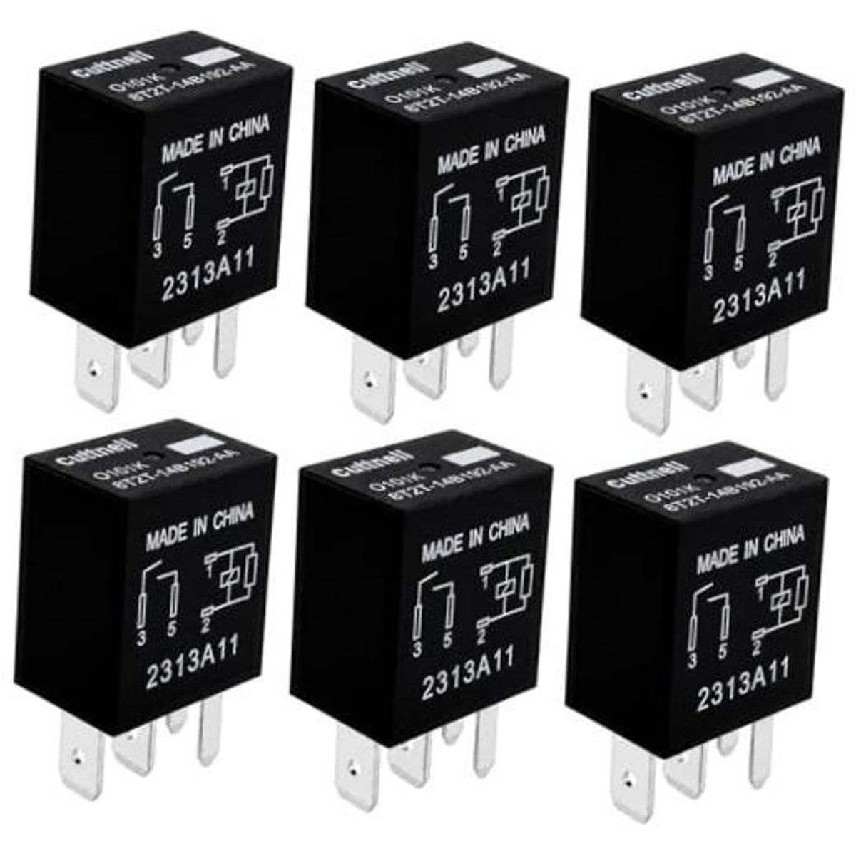 Set of six black 4-pin 12V automotive relays with prong terminals, labeled 2313A11