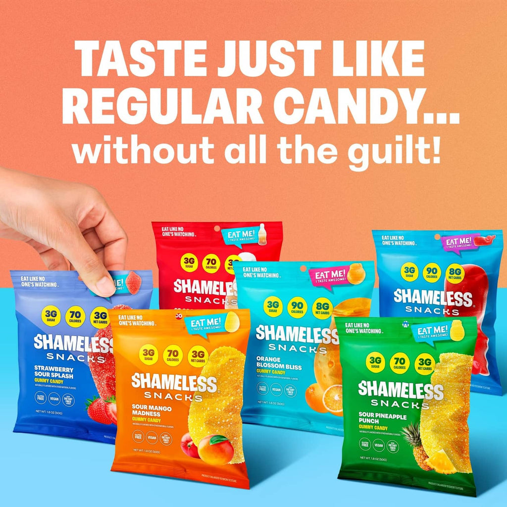 Low-sugar candy snack bags in bright fruit flavors, shown in a cluster