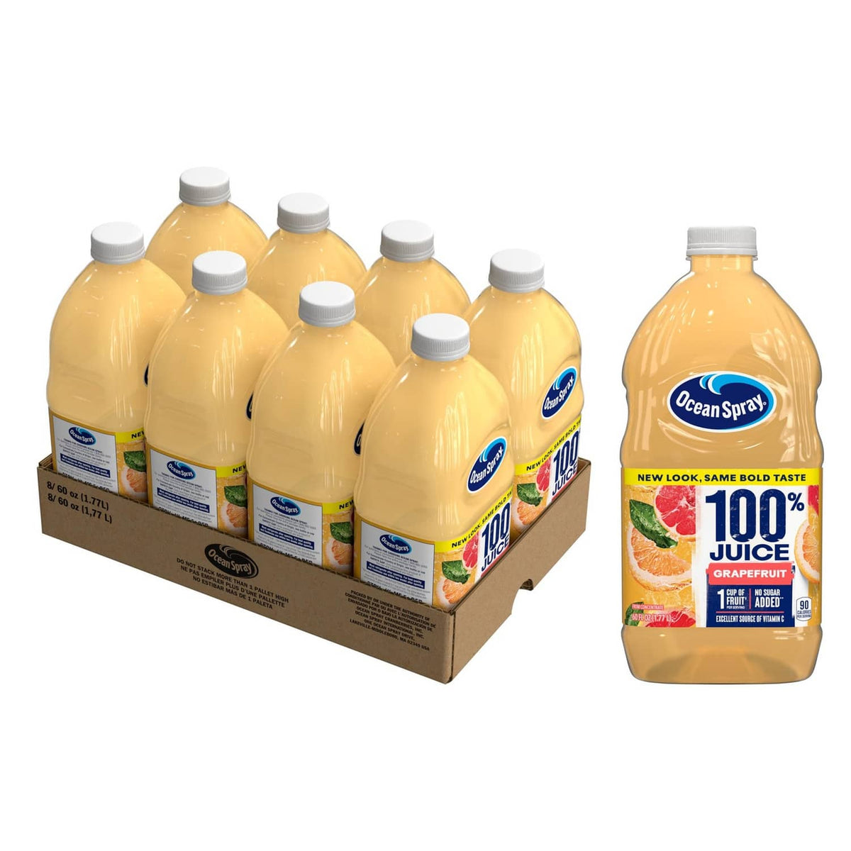 Ocean Spray 100% grapefruit juice bottles, 60 oz, in a cardboard pack