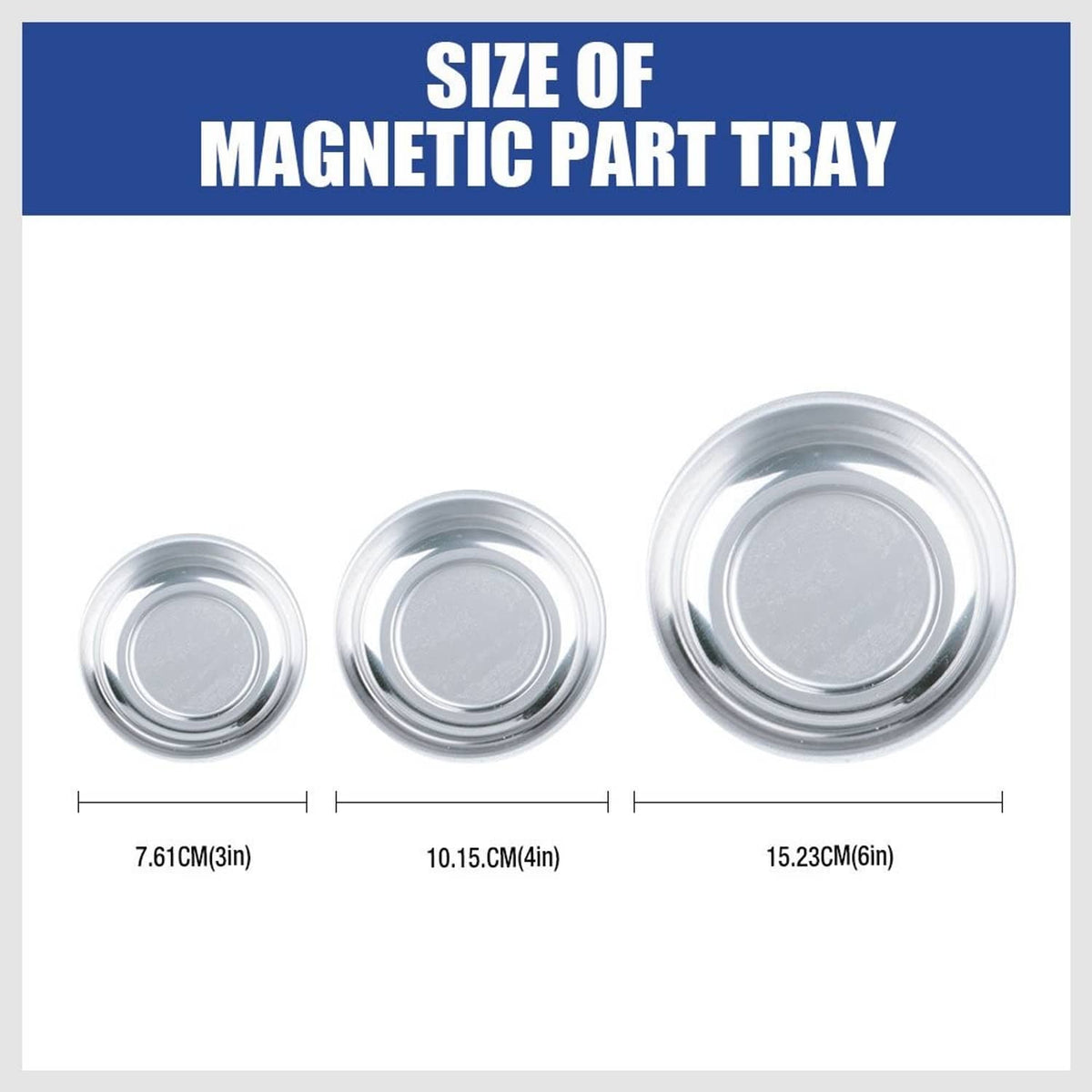 Round magnetic parts tray size chart with three stainless-steel trays