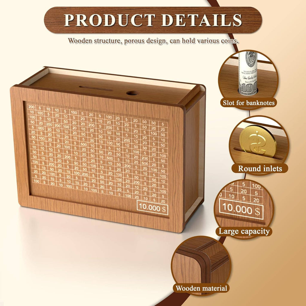 Wooden 10,000 savings cash vault box with open top, banknote slot, and round coin inlets.