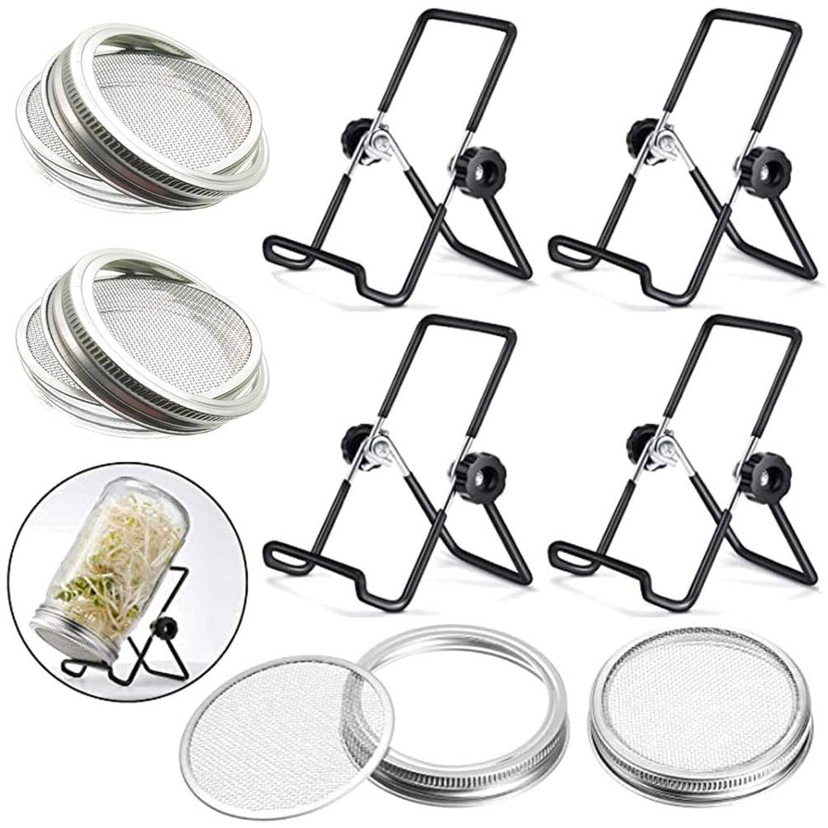 4-pack stainless steel sprouting jar mesh lids with black stand holders