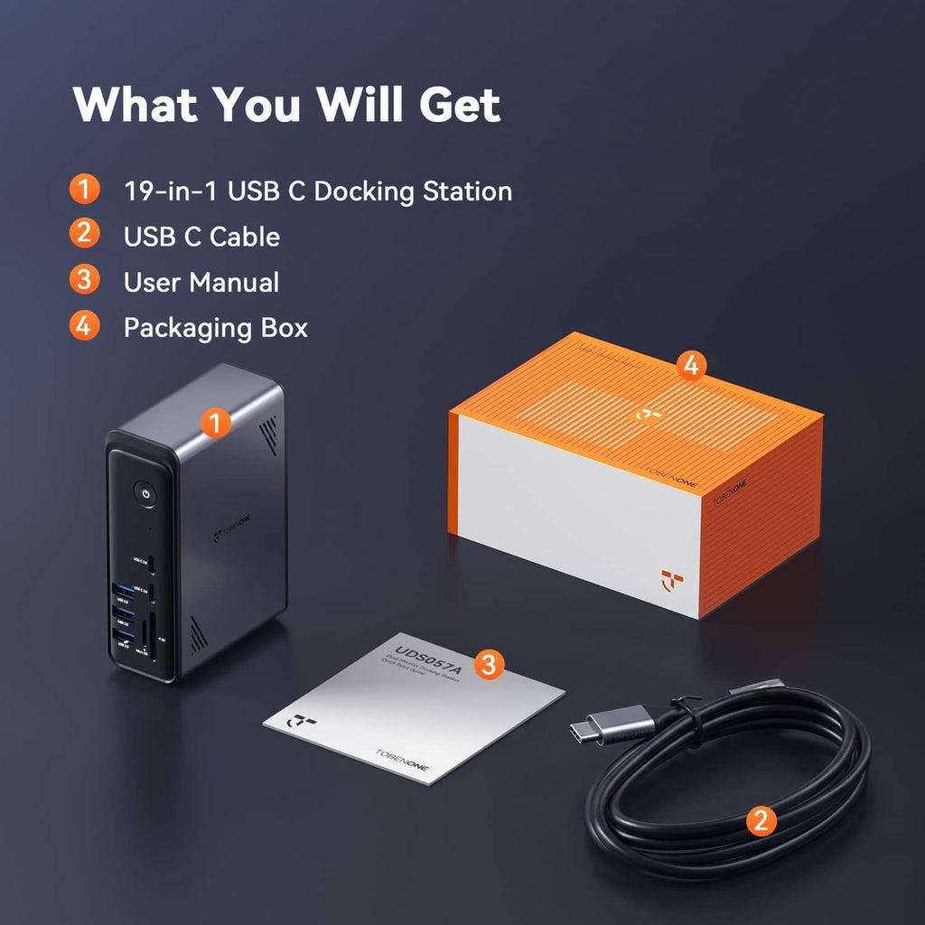 Included items set: grey USB-C docking station, USB-C cable, user manual and box