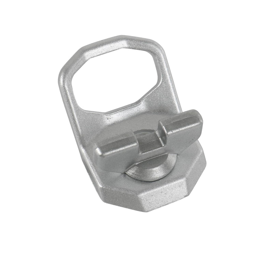 Silver metal D-ring anchor with latch mechanism and side mounting stem