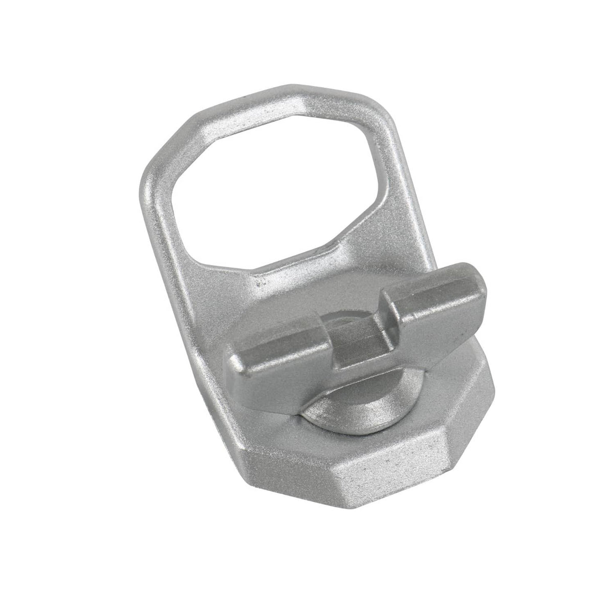 Silver metal D-ring anchor with latch mechanism and side mounting stem