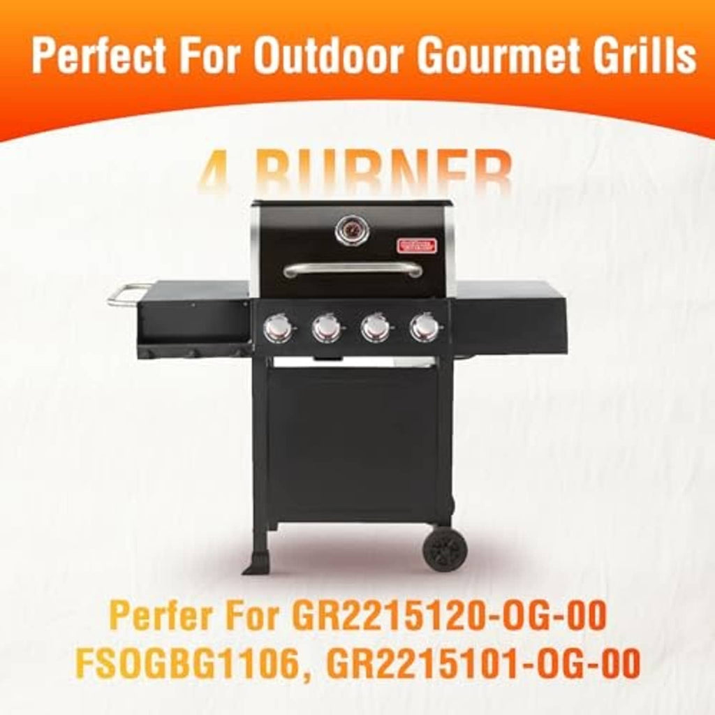 Four-burner outdoor gas grill with control knobs and front cabinet