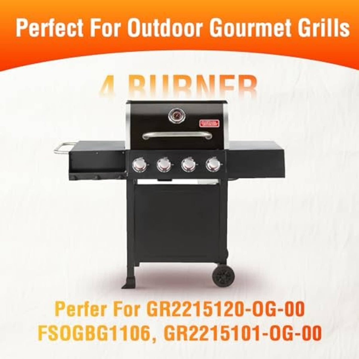 Four-burner outdoor gas grill with control knobs and front cabinet