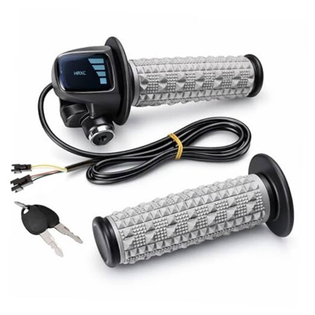 Full twist electric throttle set with grey textured grips, black controller, cables, and keys