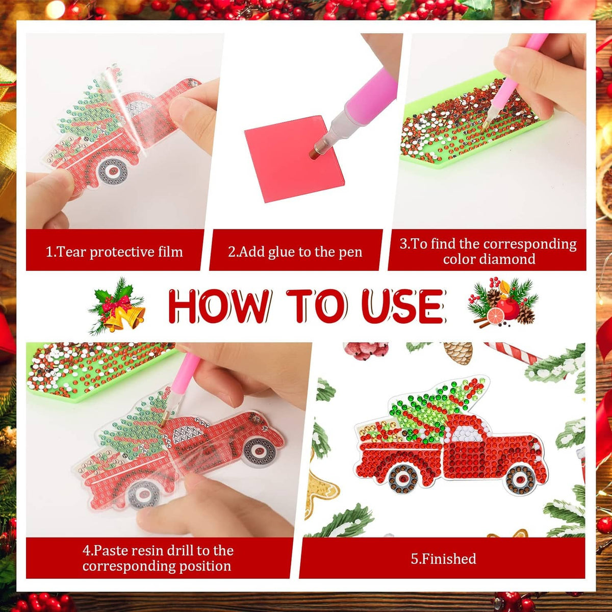 Diamond art ornament kit how-to card showing gem drills, resin, and applicator pen