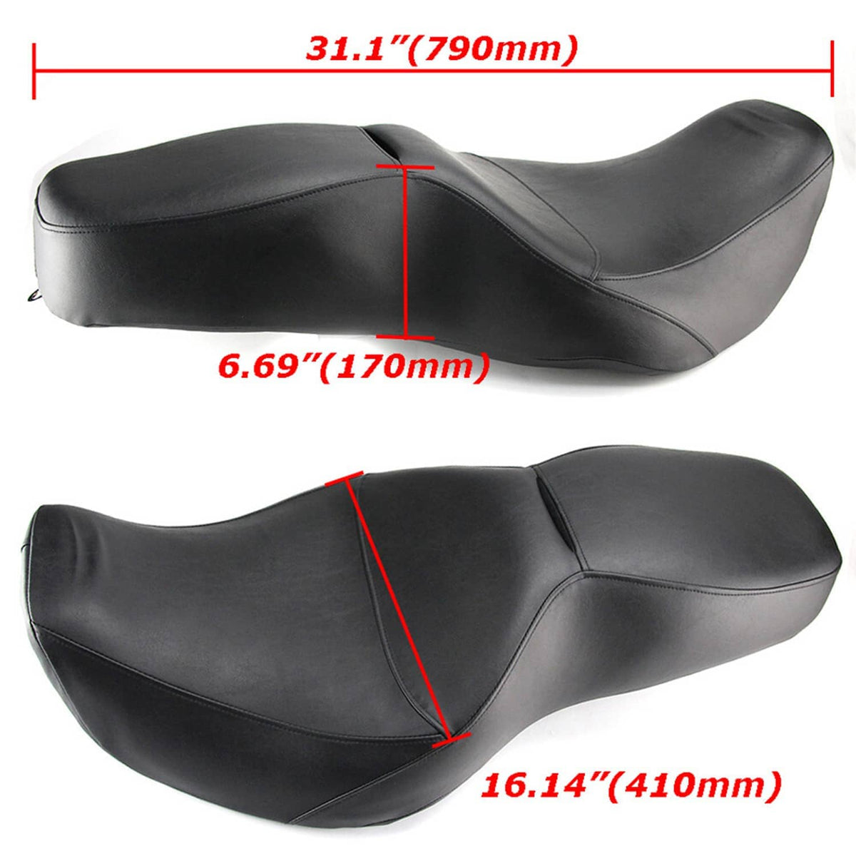 Black motorcycle seat with highlighted dimensions and center seam panel stitching