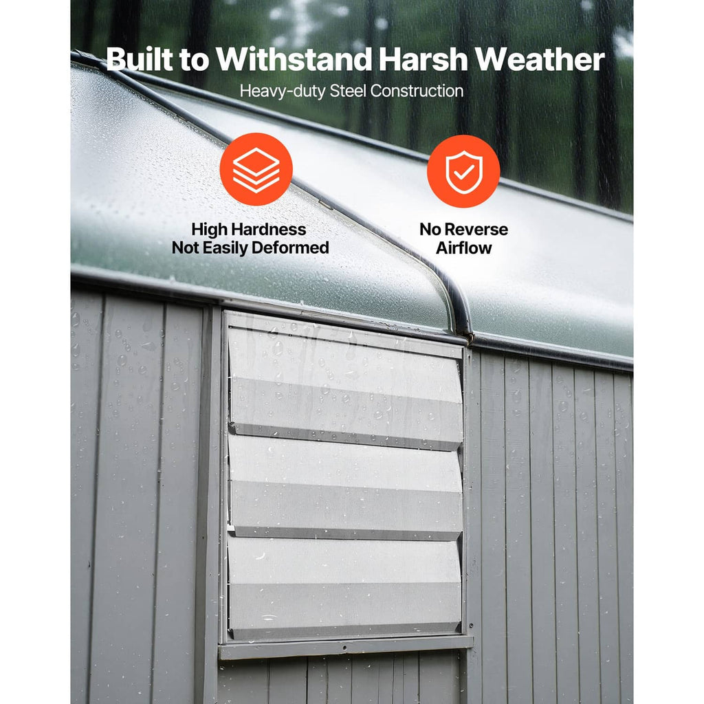 Wall-mounted exhaust fan installed outdoors with louvered vent under rain protection graphic
