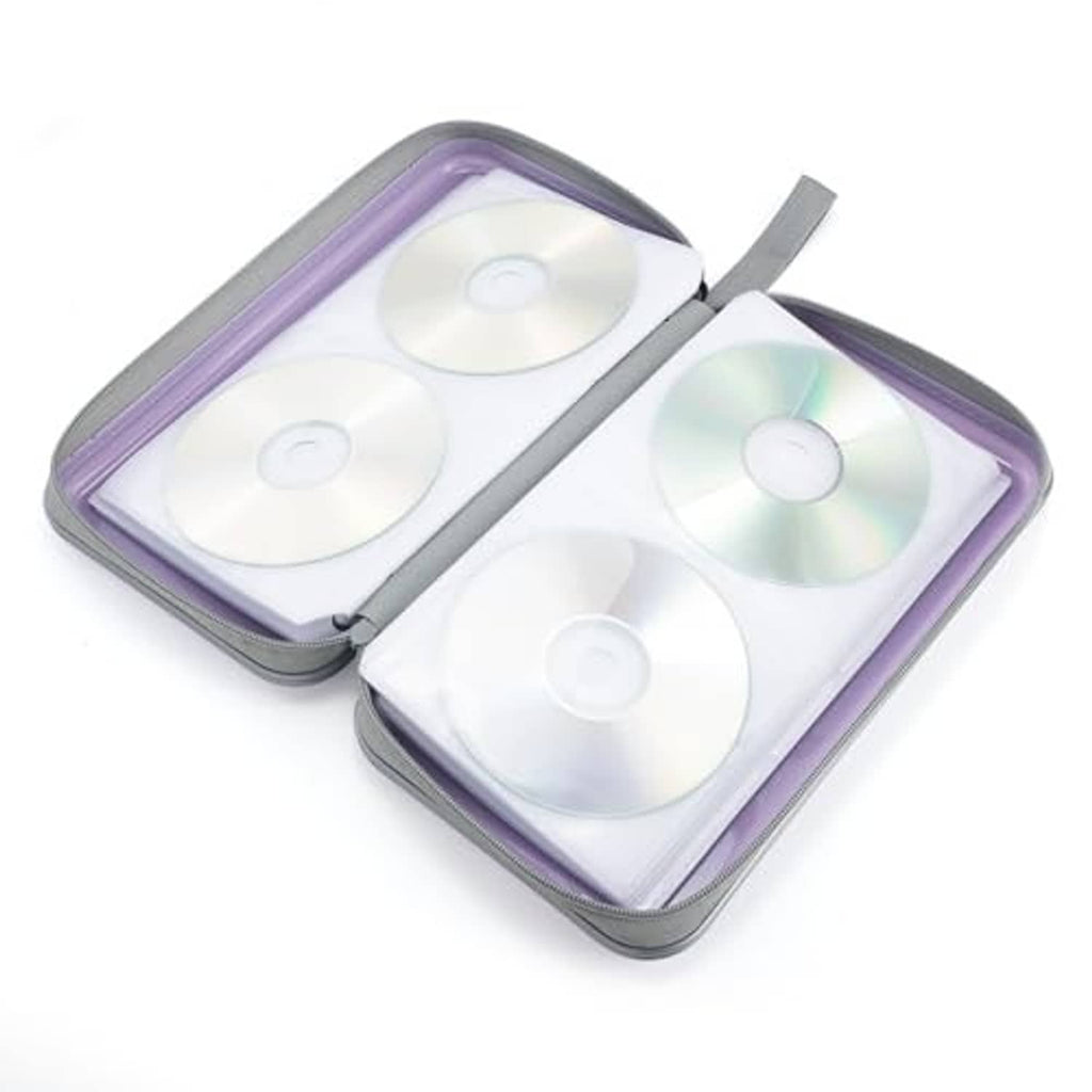 Lavender CD organizer wallet open, showing three white disc sleeves inside.