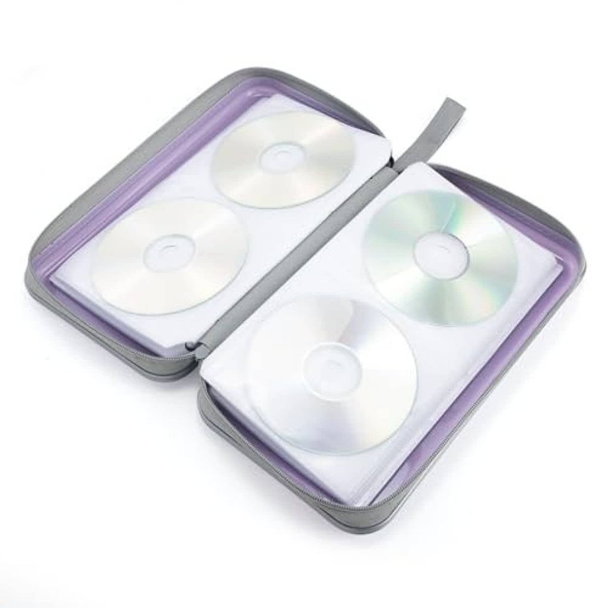 Lavender CD organizer wallet open, showing three white disc sleeves inside.