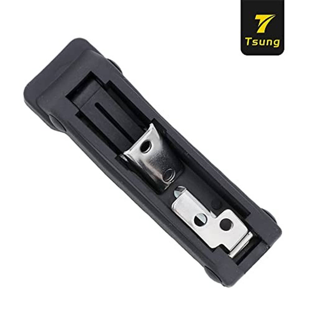Black rubber latch base with exposed mounting brackets for rivet installation