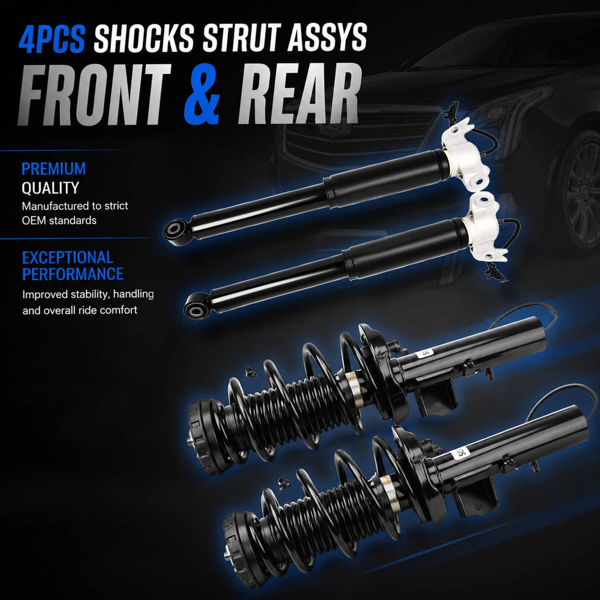 Shock strut assembly set showing four black struts with coil springs and brackets