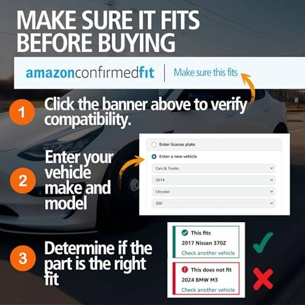 Fitment check graphic with car front silhouette and brake pad icon