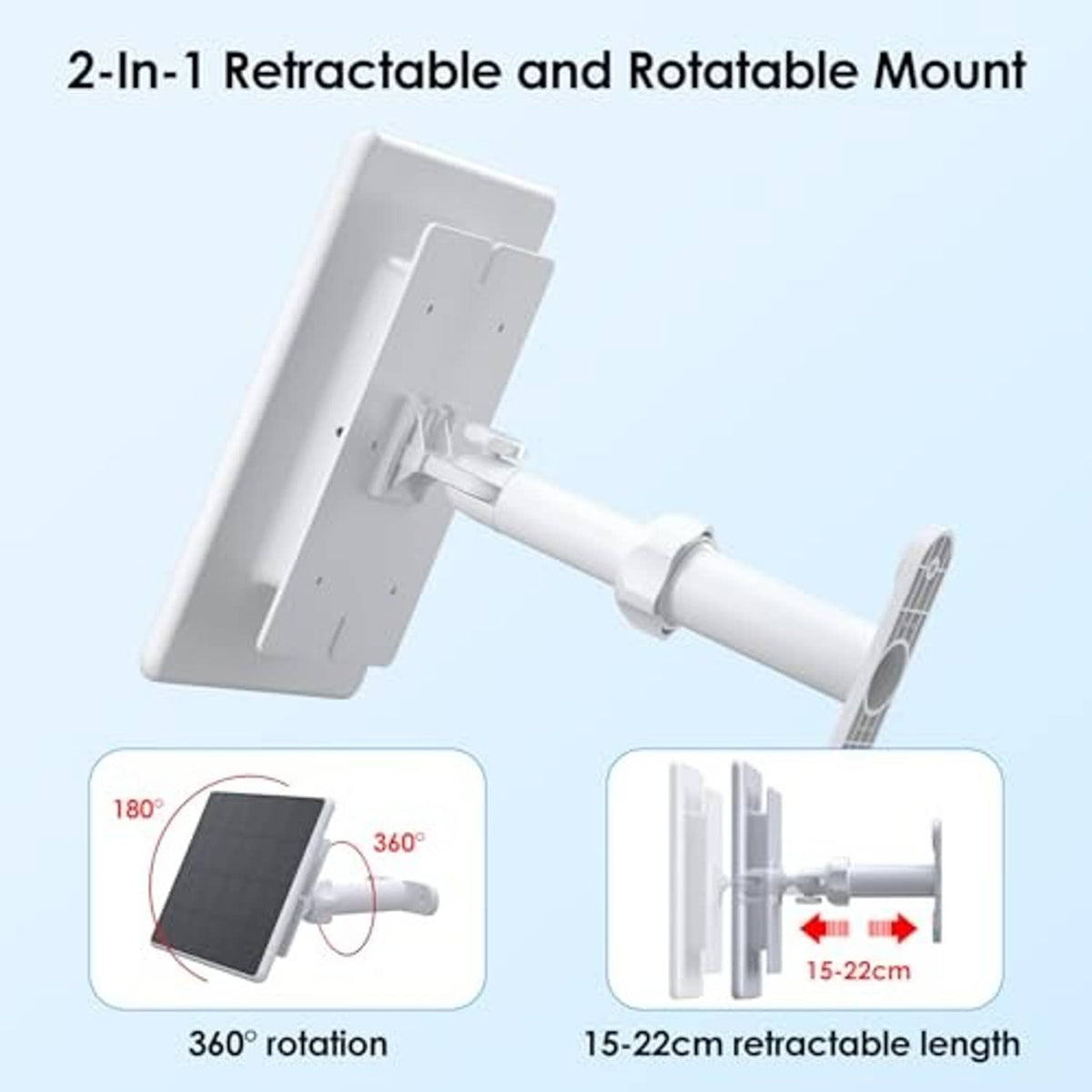 Retractable, rotatable solar panel mount arm with adjustable length