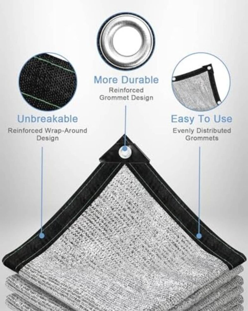 Reflective aluminium shade netting corner, gray silver mesh with black trim and grommet