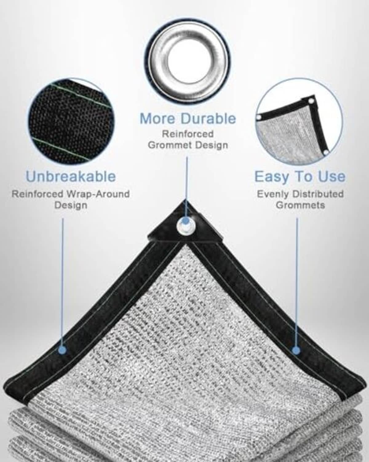 Reflective aluminium shade netting corner, gray silver mesh with black trim and grommet