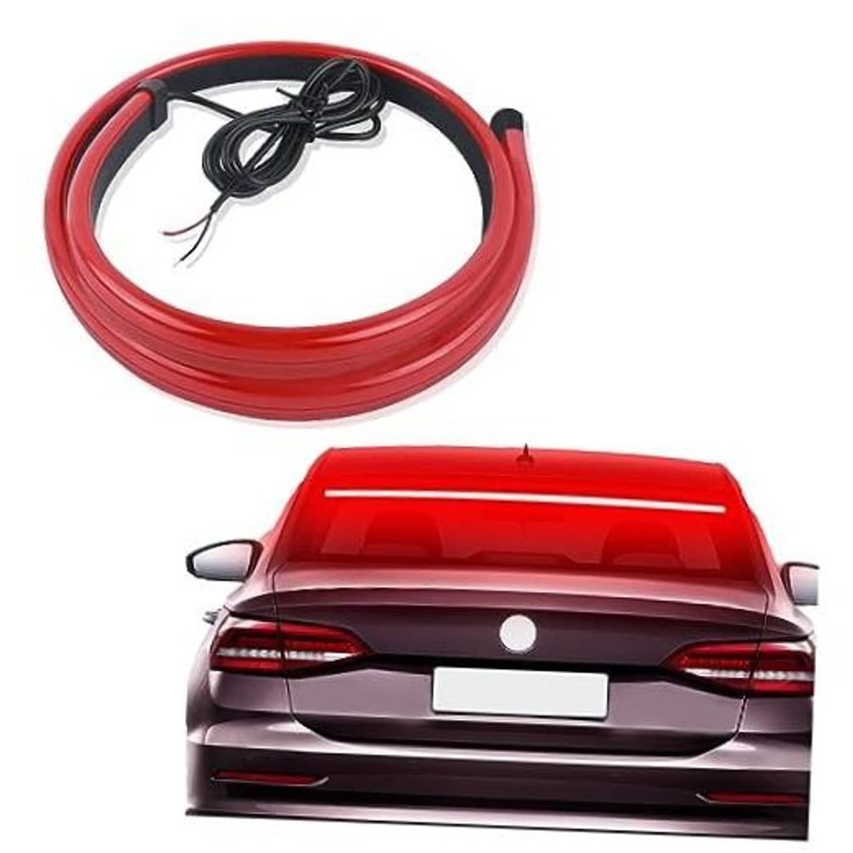 Red 35-inch third brake light LED strip with black wires, flexible silicone tubing