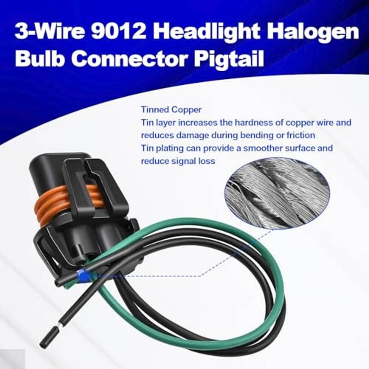 Halogen bulb connector pigtail with green/black wires, black plug, and orange insulation