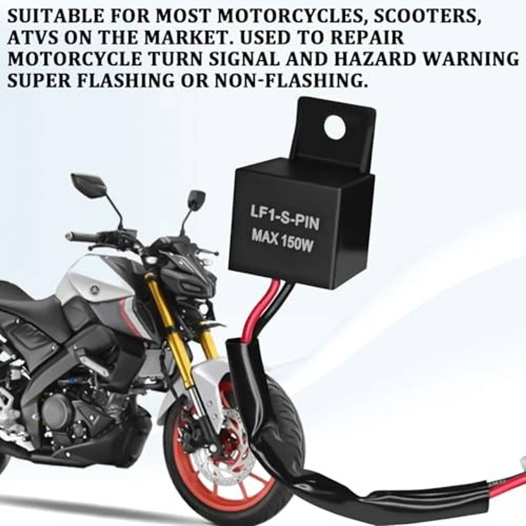 Black LED turn signal flasher relay mounted near motorcycle with red/black wiring