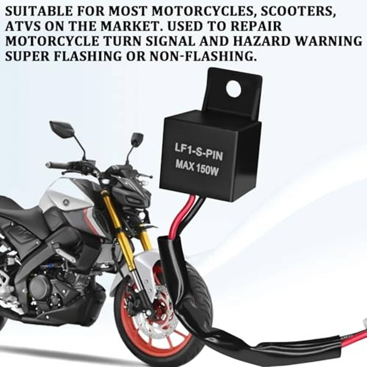 Black LED turn signal flasher relay mounted near motorcycle with red/black wiring