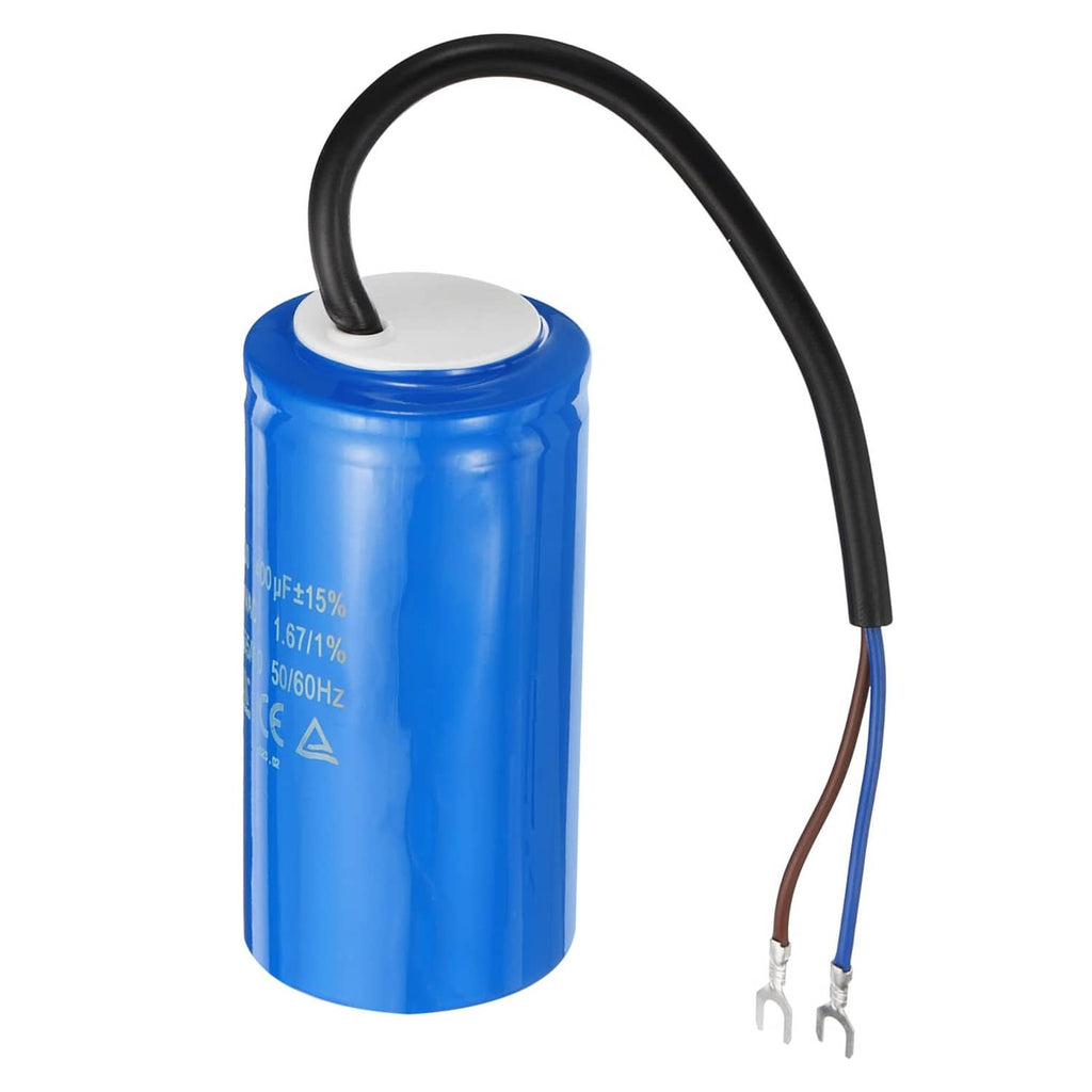 Blue cylindrical motor run capacitor with black cable leads and white top