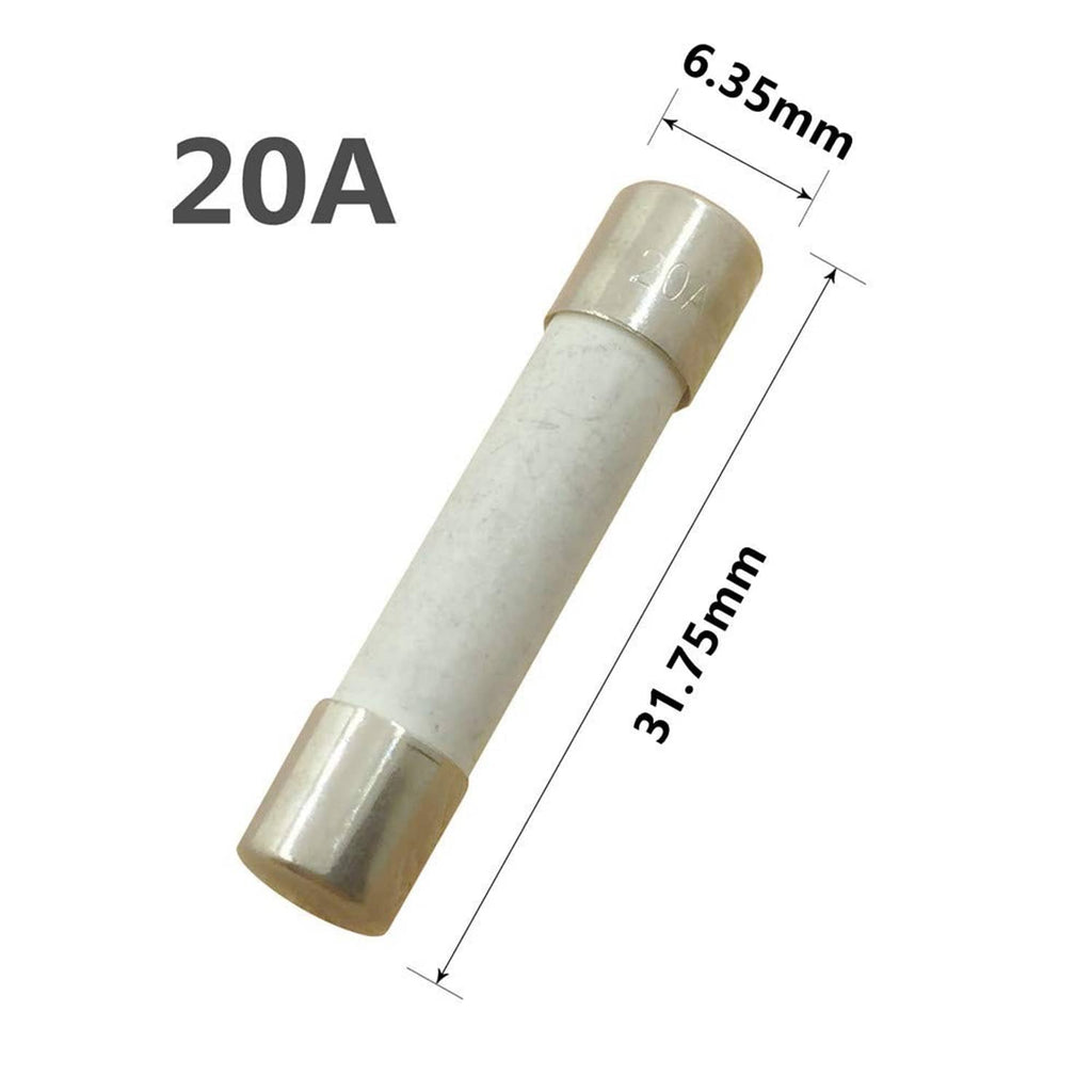 20A ceramic time-delay fuse, 6.35 mm diameter x 31.75 mm length, silver end caps
