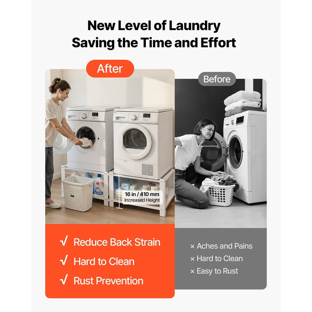 White laundry pedestal base with raised height and two open storage shelves