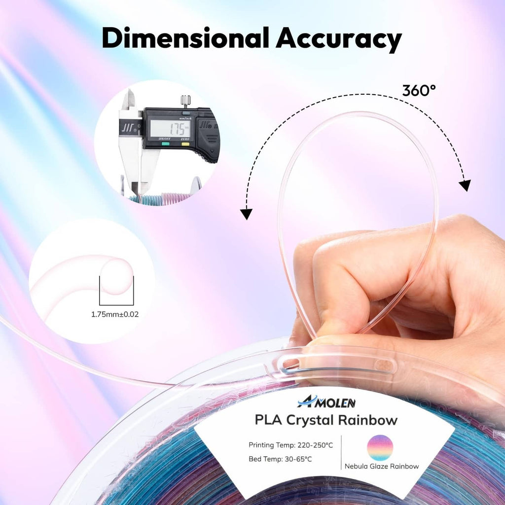Rainbow translucent PLA filament coil and nebula glaze label for printing accuracy