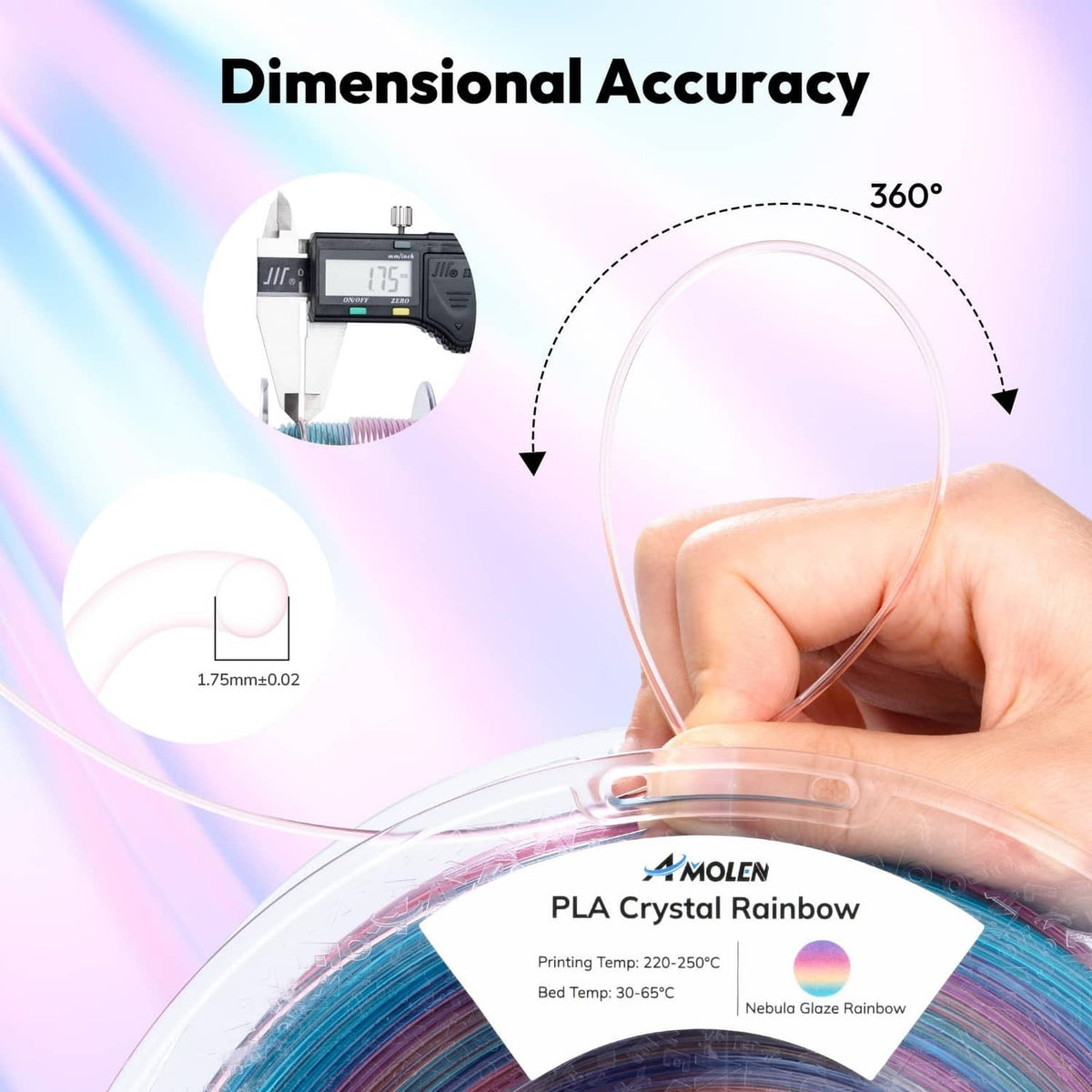 Rainbow translucent PLA filament coil and nebula glaze label for printing accuracy