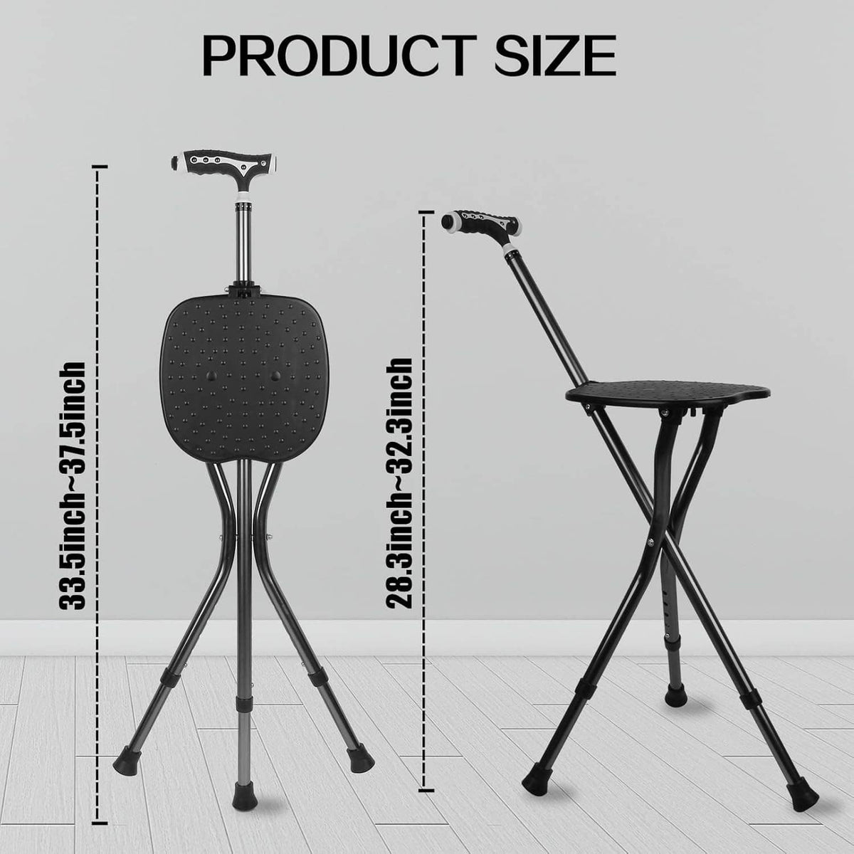 Black folding cane with round seat, height adjustment shaft and tripod base