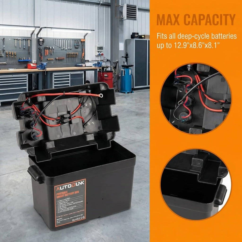Battery box opened in workshop, showing internal wiring and rugged black casing