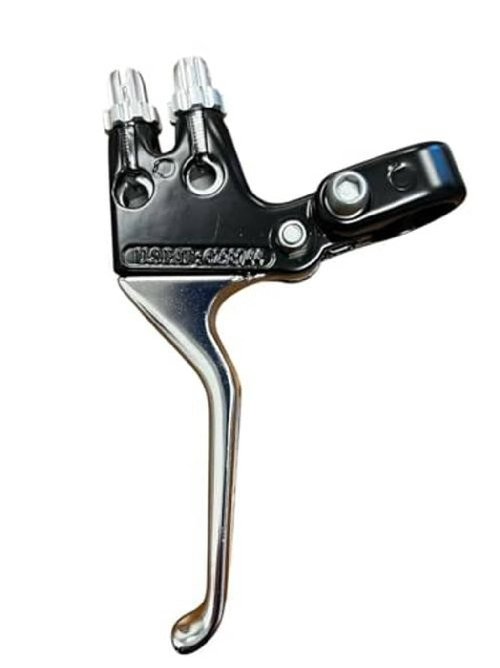 Bicycle brake lever assembly, black alloy with two cable barrels and curved silver arm