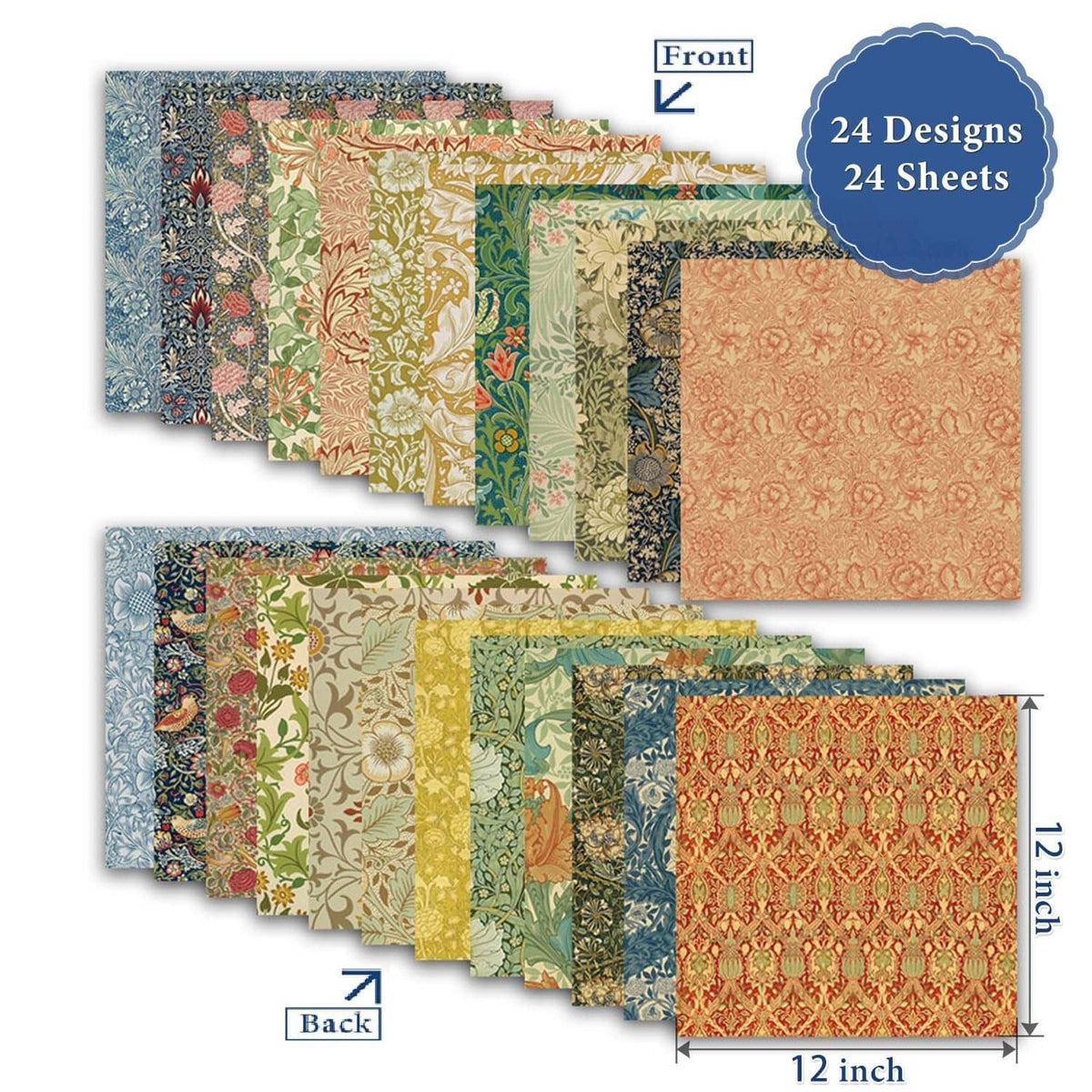 Set of 12x12 classical floral scrapbook paper sheets, 24 designs shown front and back.