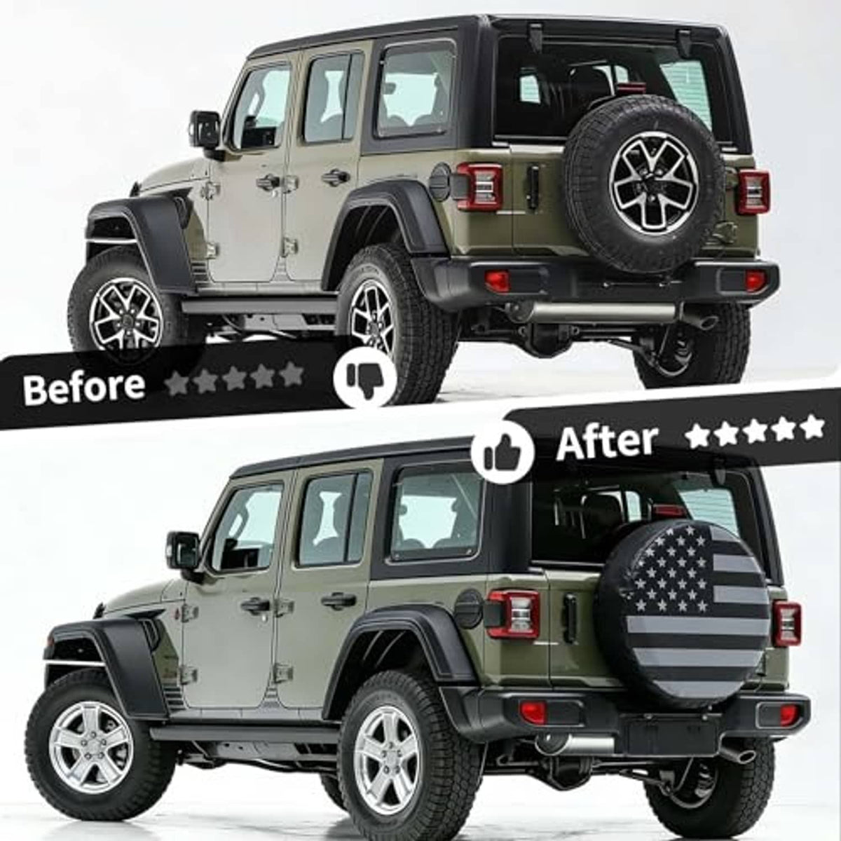 Spare tire cover with American flag stars and stripes on a Jeep-style rear tire.