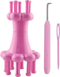 Pink double-head knitting loom tool set with metal hook, two plastic needles