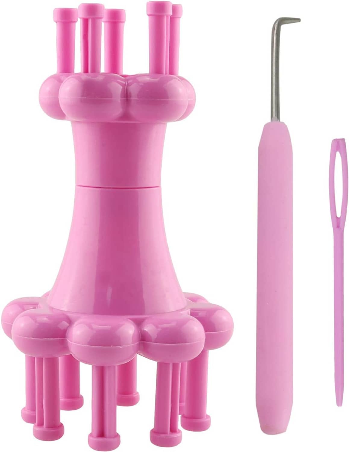 Pink double-head knitting loom tool set with metal hook, two plastic needles