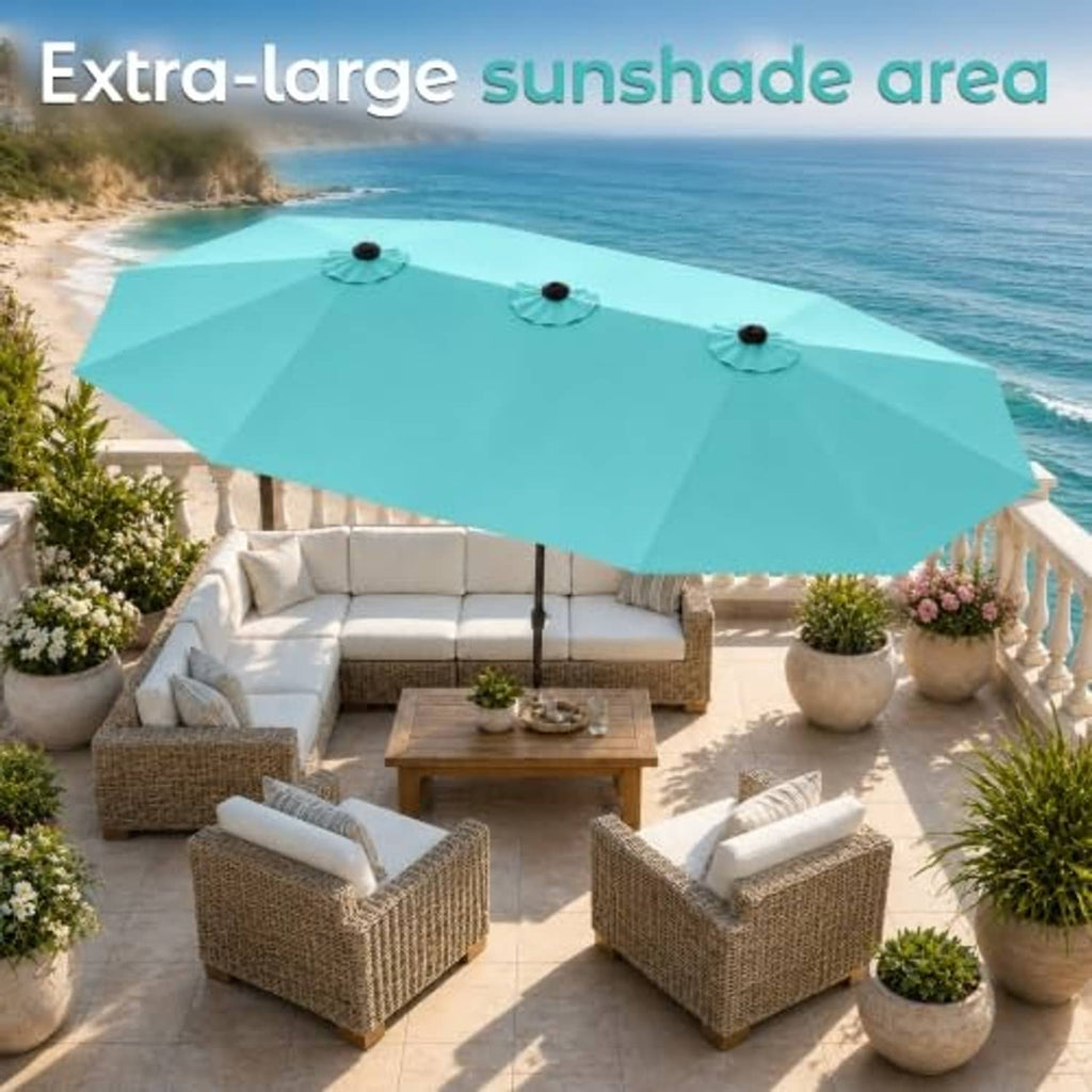Turquoise extra-large patio umbrella with black pole and round center mount