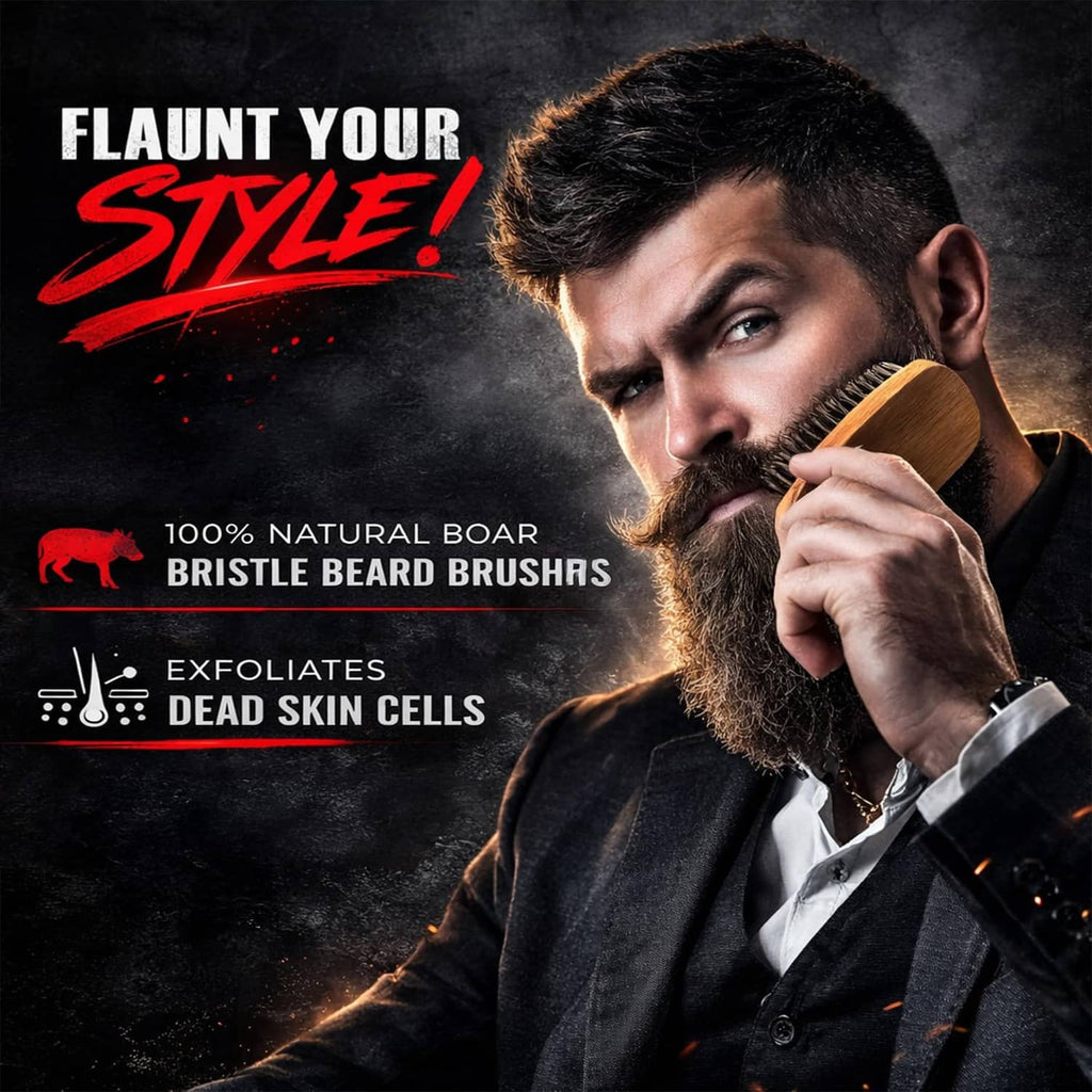 Beard brush with wooden handle and boar bristles, for grooming