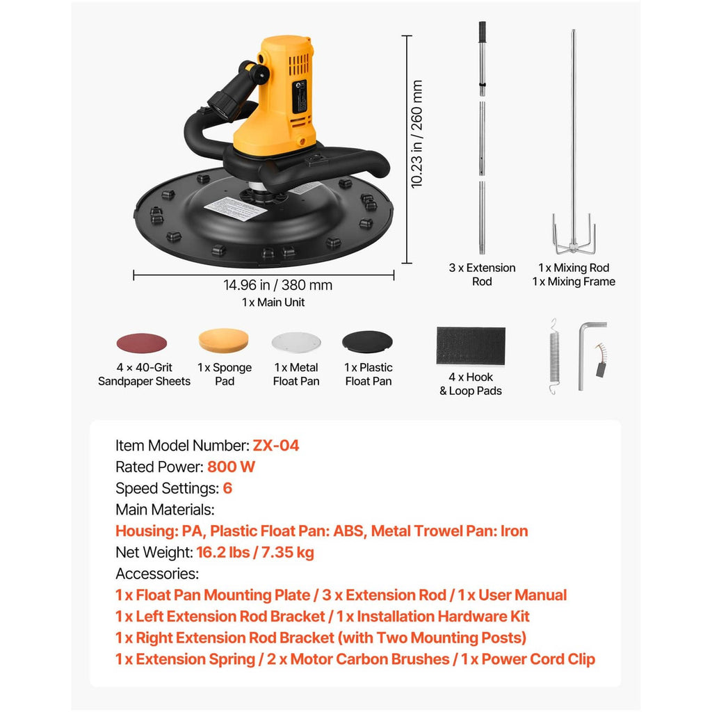 Electric concrete trowel kit with yellow power unit, rods, pads, and accessories