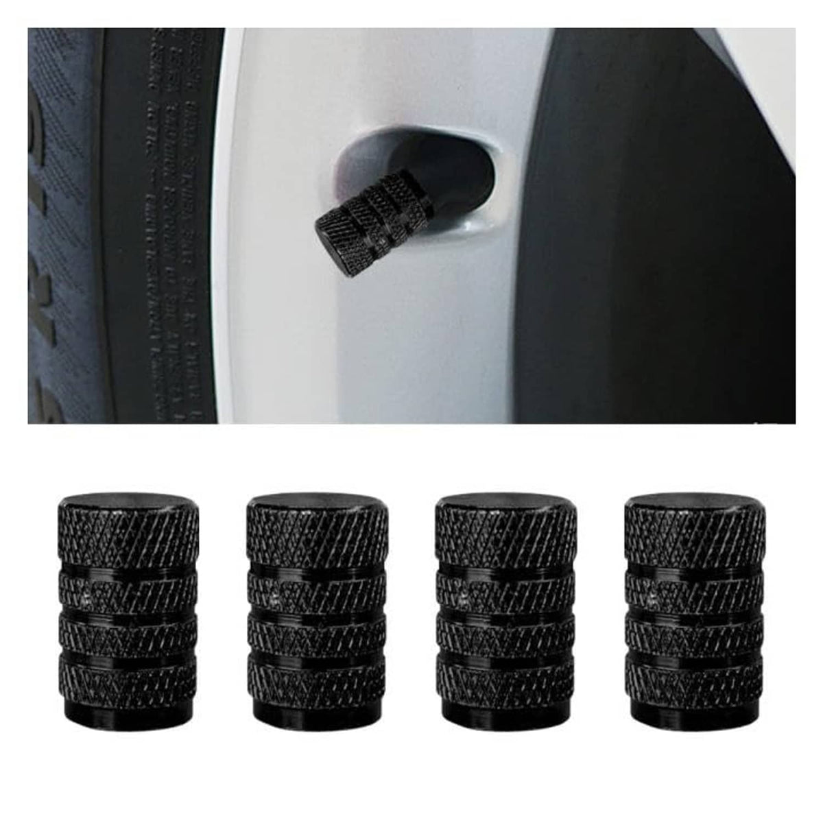 Four black ribbed tire valve stem caps with one cap on a wheel valve