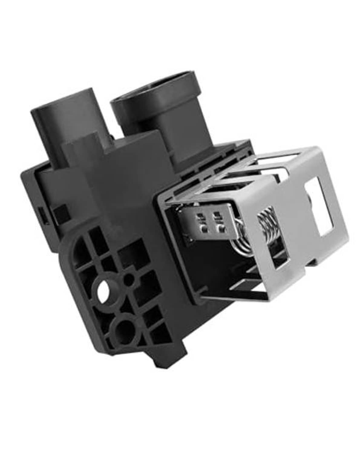 Black engine cooling fan relay with multi-pin socket, wiring tab, and side mounting posts