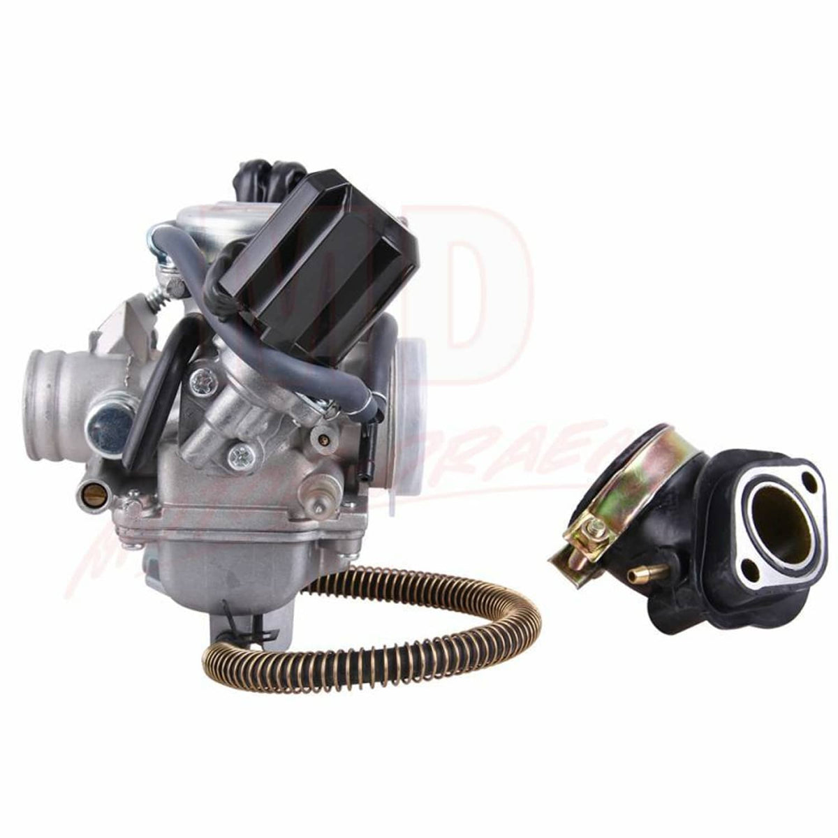 Carburetor assembly with black air filter box, vacuum chamber, and round intake port