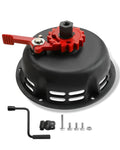 Recoil starter assembly with black cover and red pull handle, includes hardware and tools