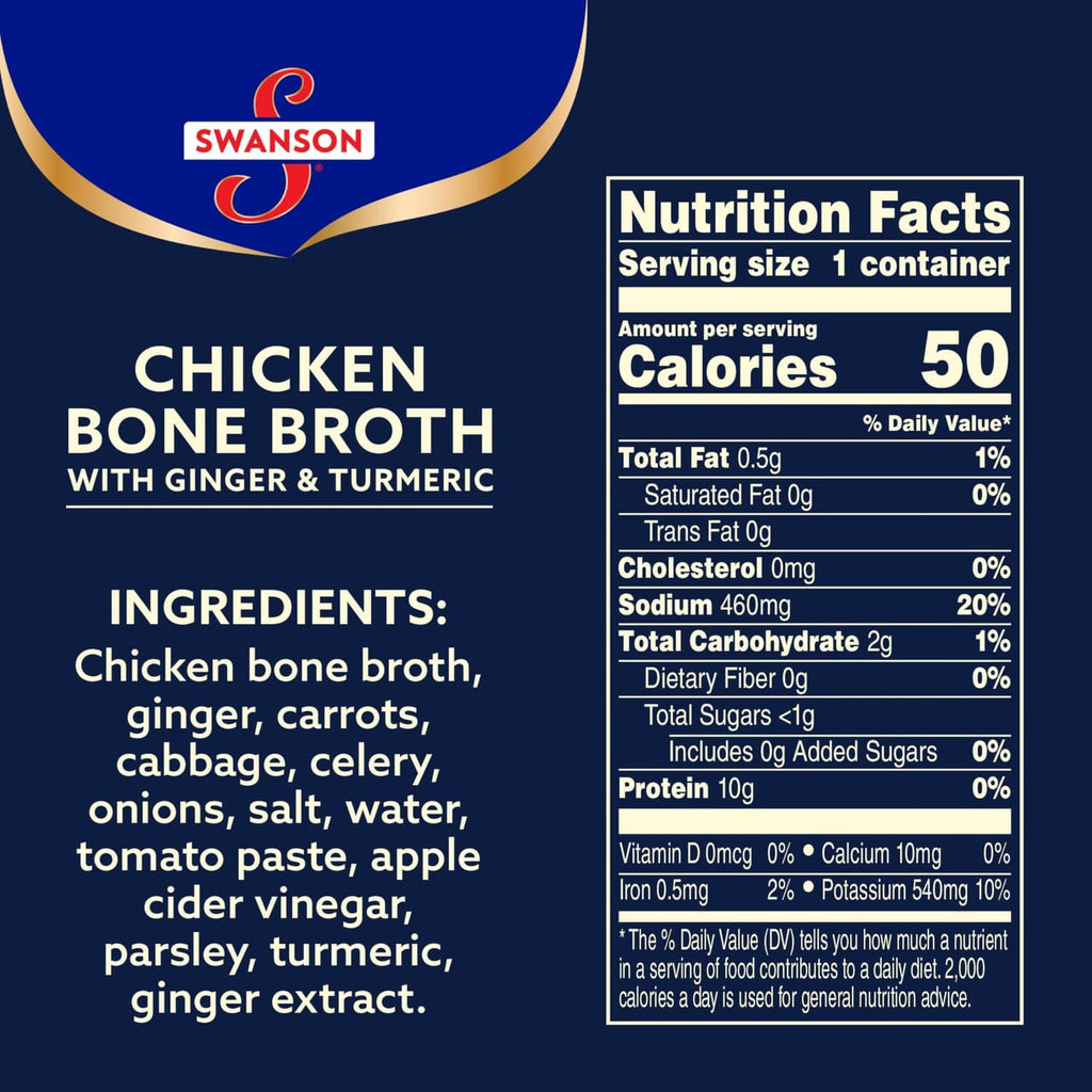Swanson chicken bone broth nutrition facts panel and ingredients list on container
